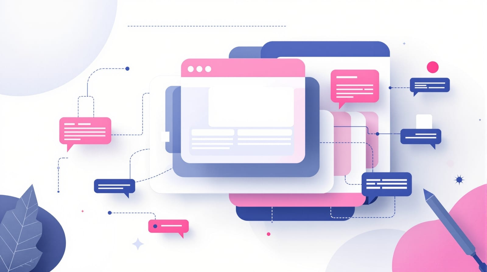 Abstract illustration of website content blocks connected into a publishing system