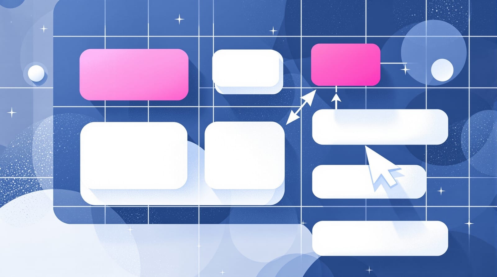 Illustration of layout modules being dragged into a grid to assemble a web page