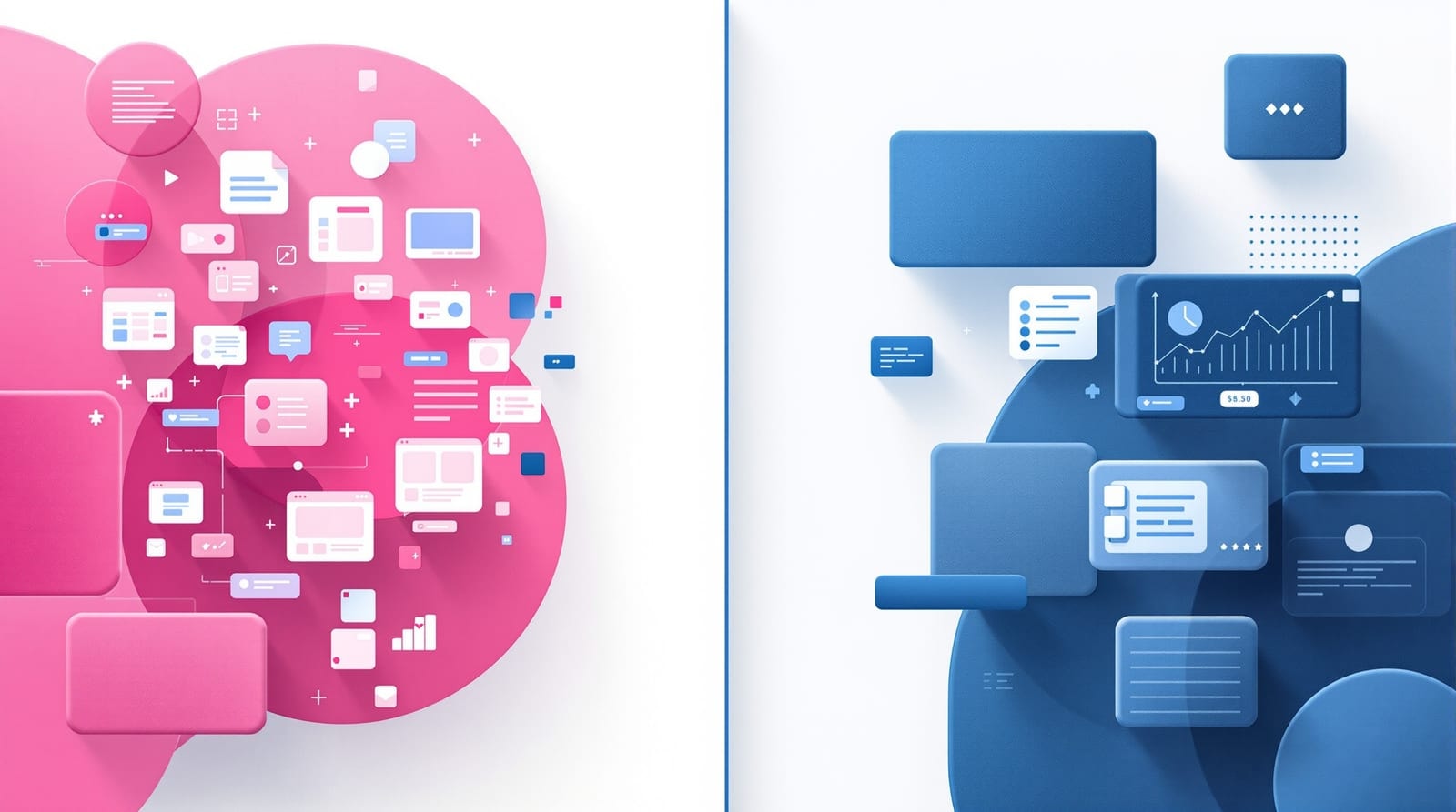 Two abstract page layouts side by side representing a page builder compared with the block editor