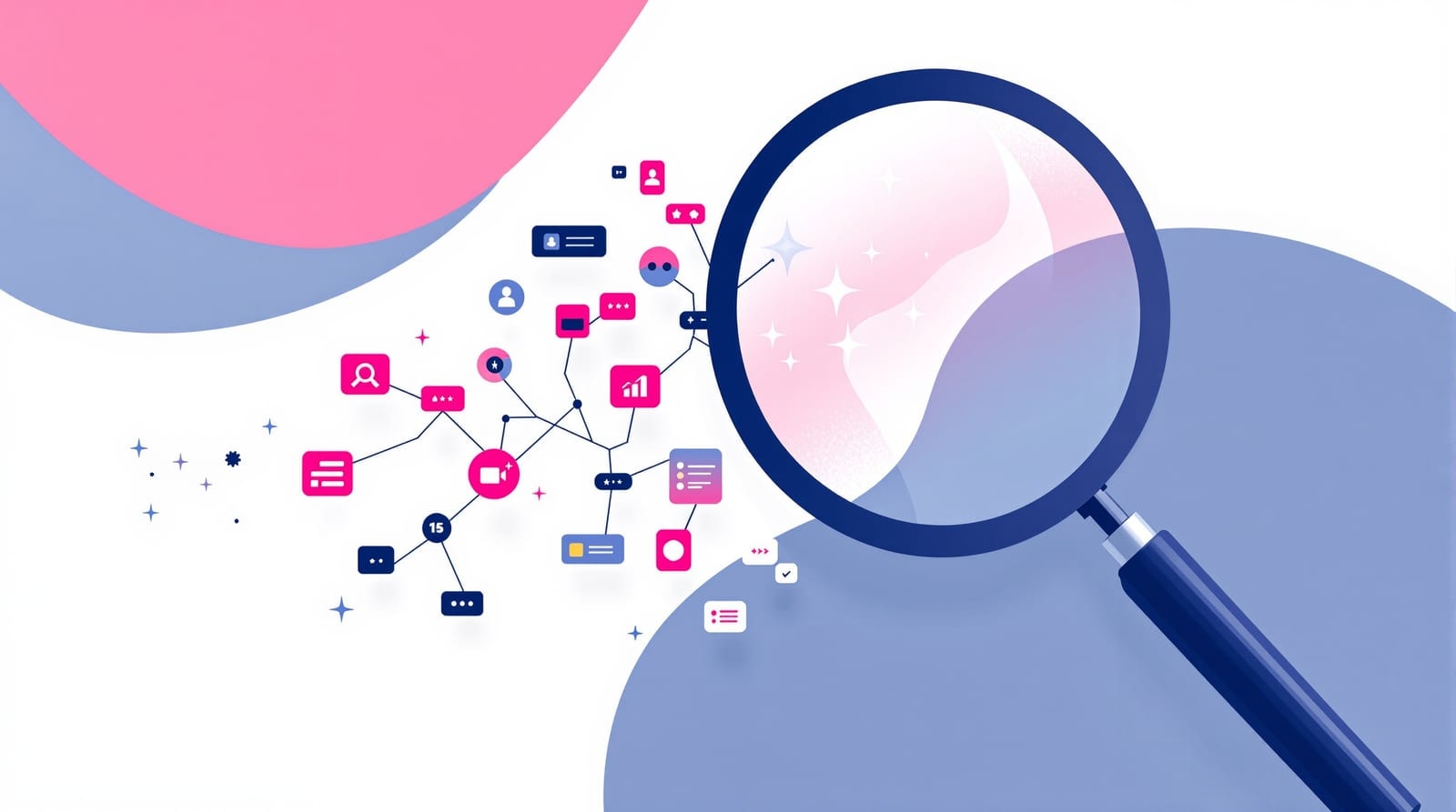 Illustration of a magnifier over a branching cluster of related search terms