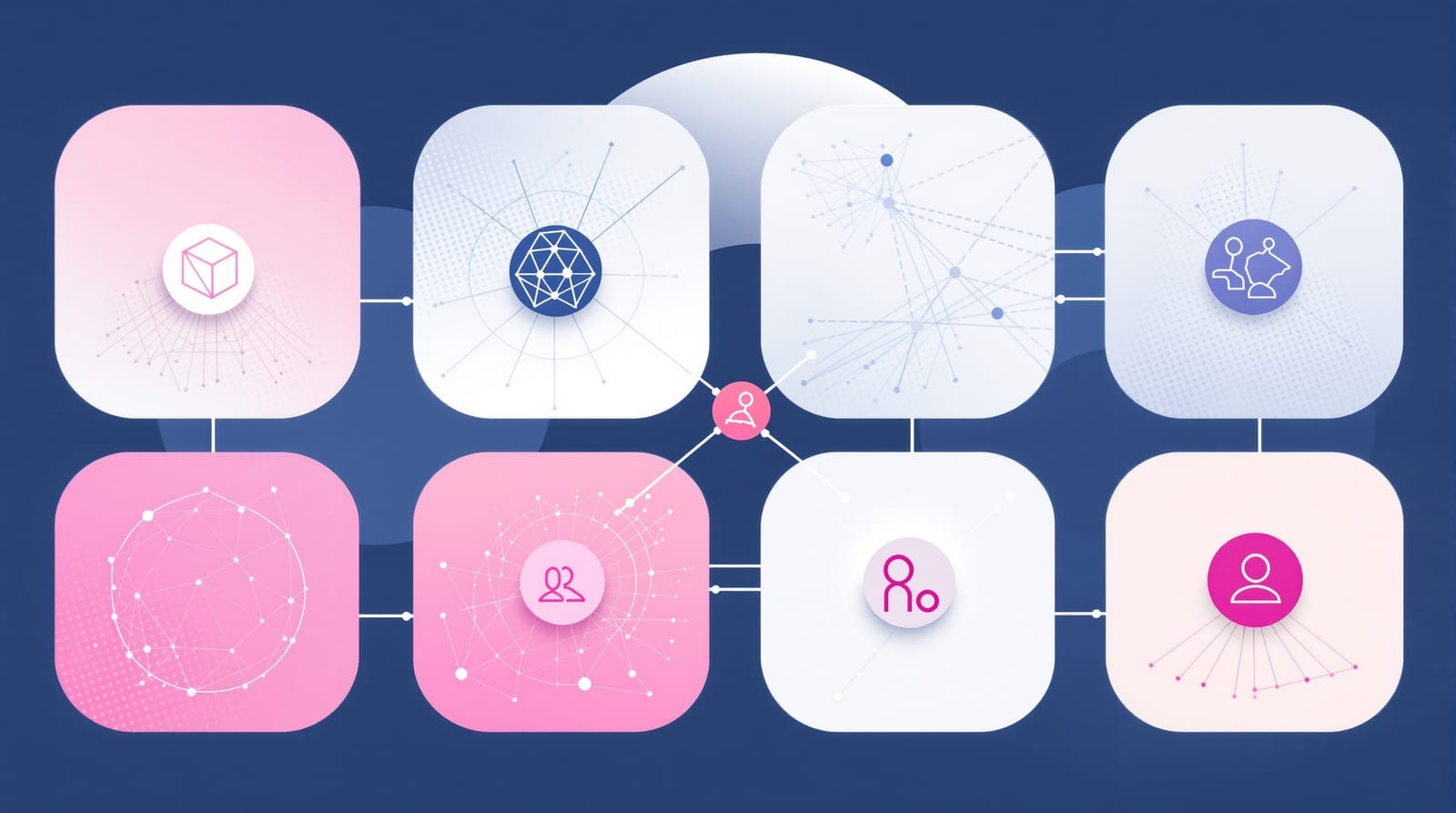 Illustration comparing eight content management platforms arranged around a central choice