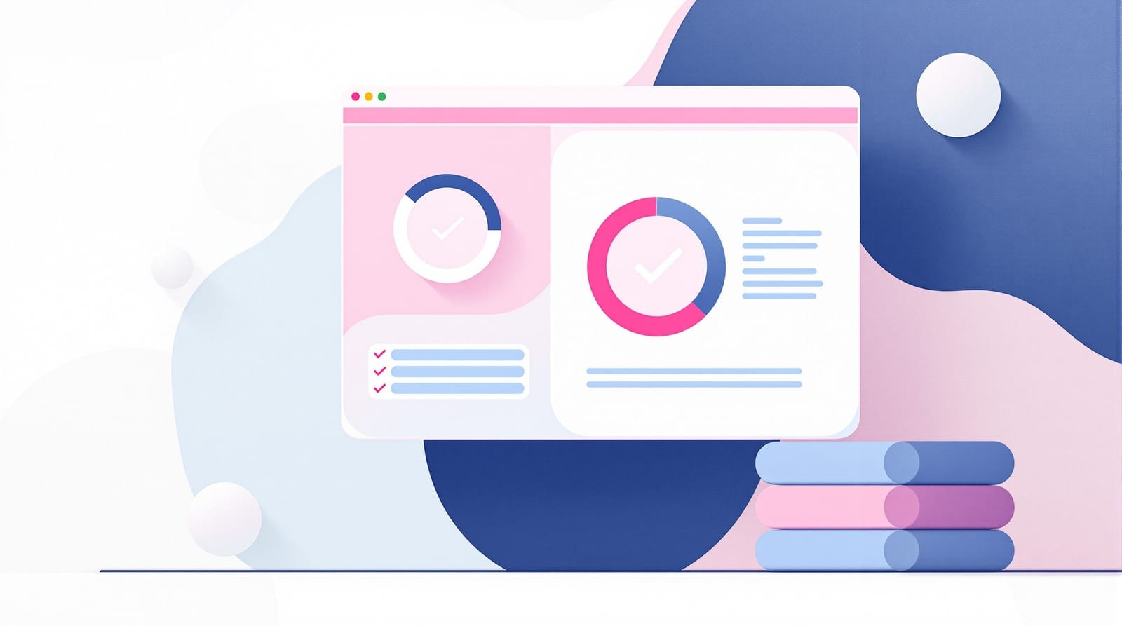 Illustration of an on-page optimisation checklist and scoring dial for a website editor