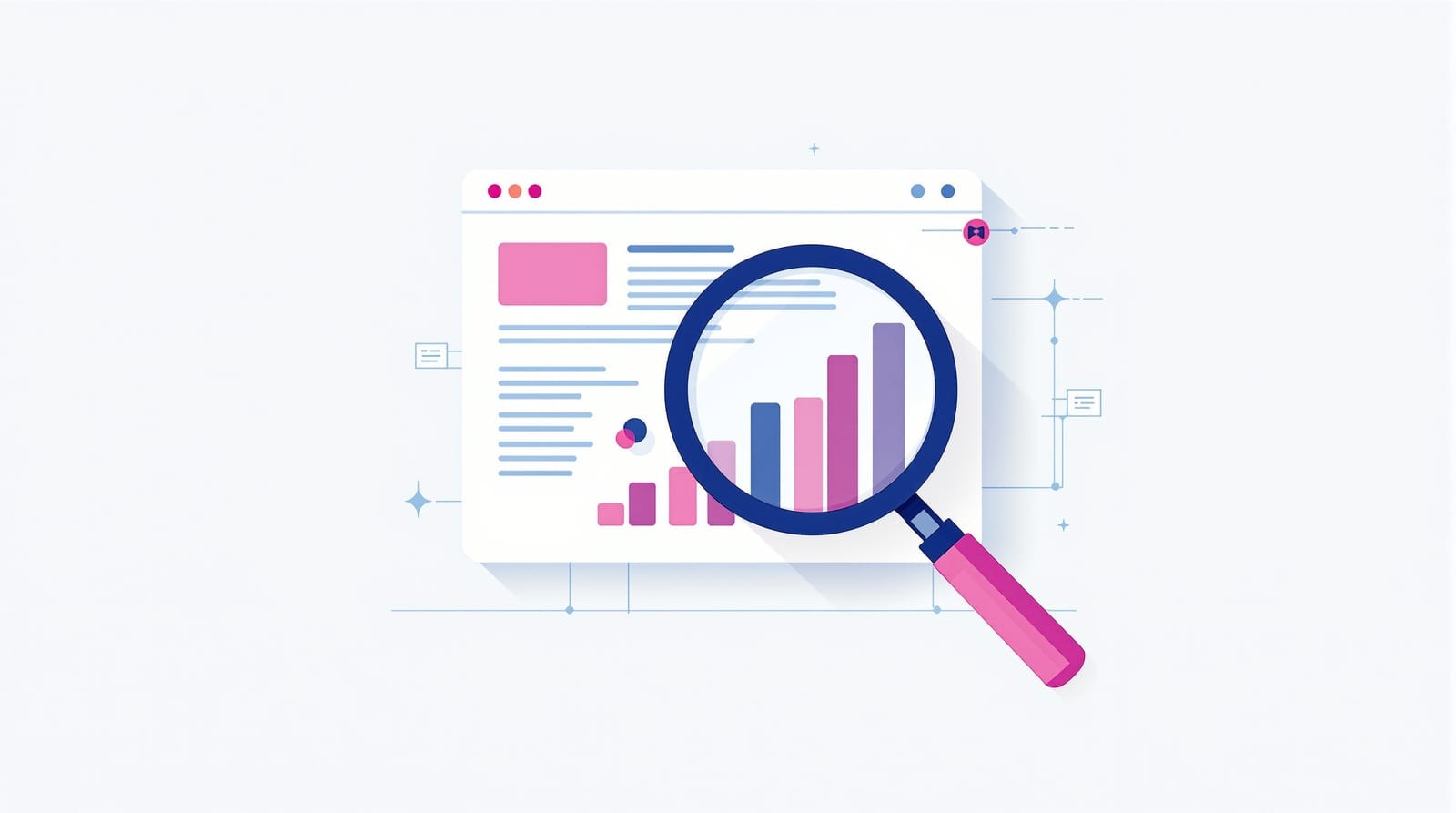 Illustration of a magnifying glass over an abstract web page wireframe