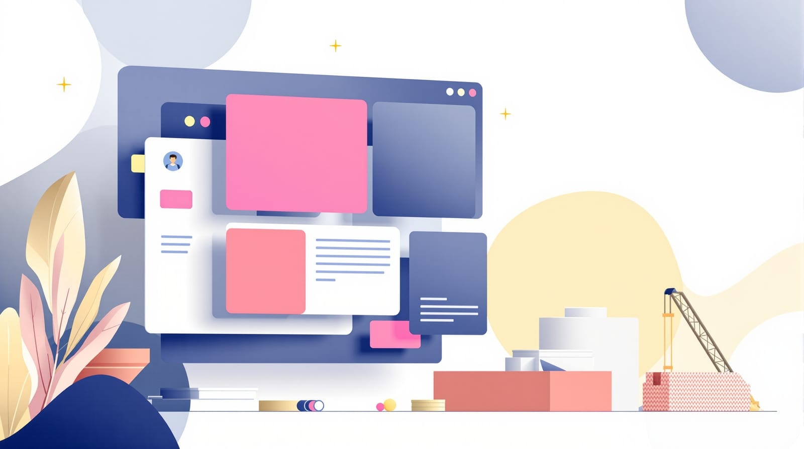 Illustration of abstract layout blocks assembling into a website page structure