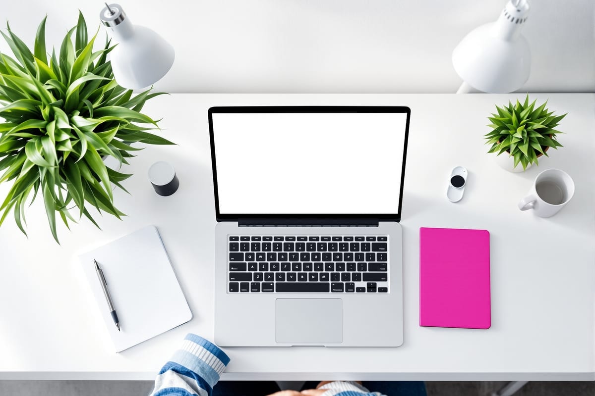 Tidy desk workspace with a laptop and notebook used for building a website